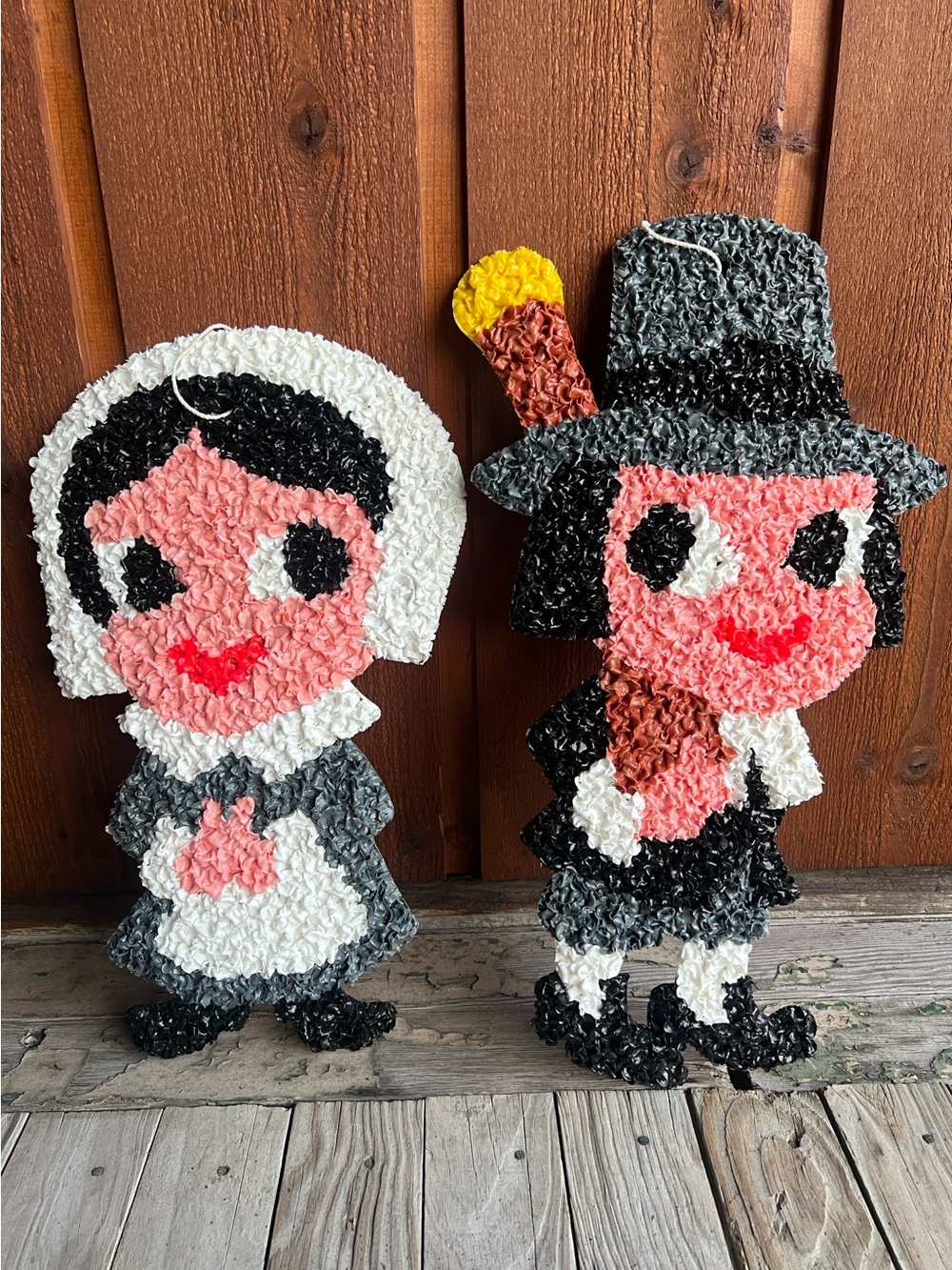 Vintage Melted Plastic Popcorn Pilgrim Couple Thanksgiving Wall Decor Pair